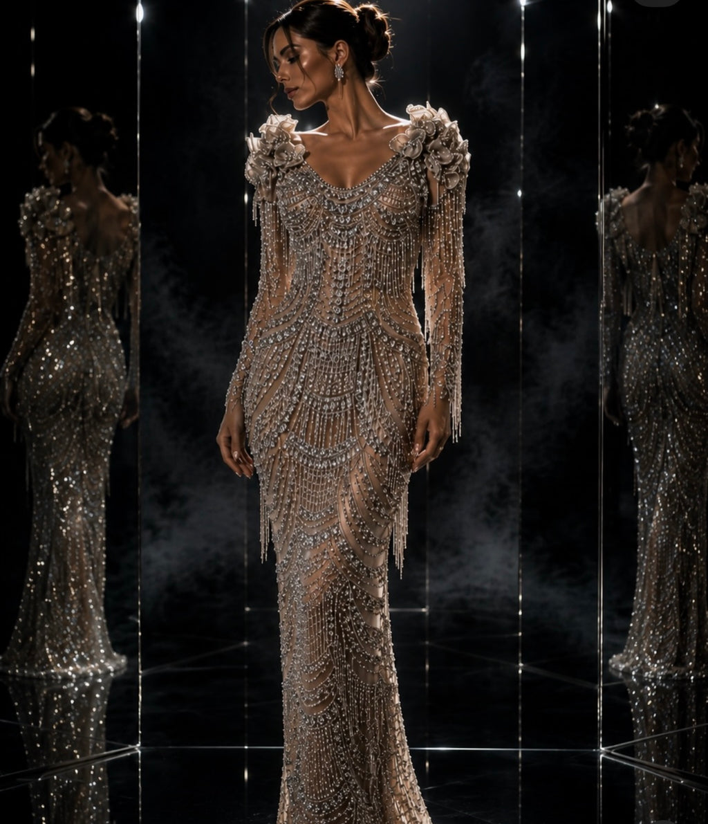 Royal Cascade Crystal Fringe Couture Gown