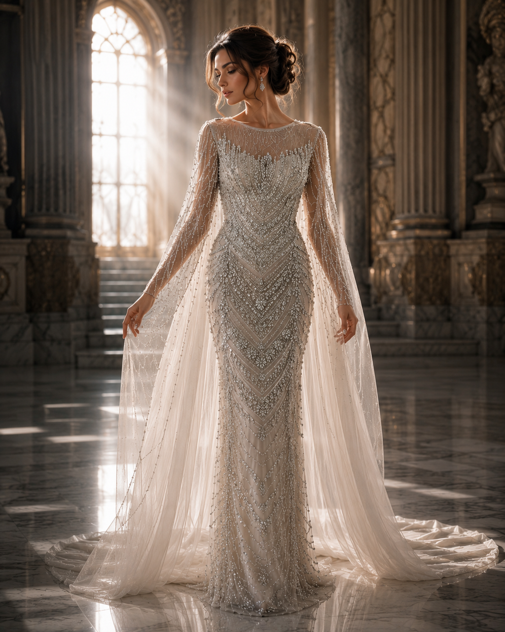 Celestial Veil Crystal Cape Couture Gown