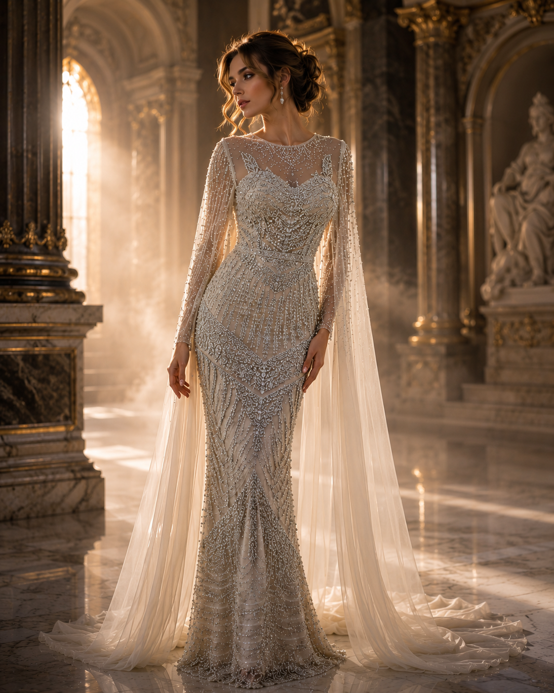 Celestial Veil Crystal Cape Couture Gown