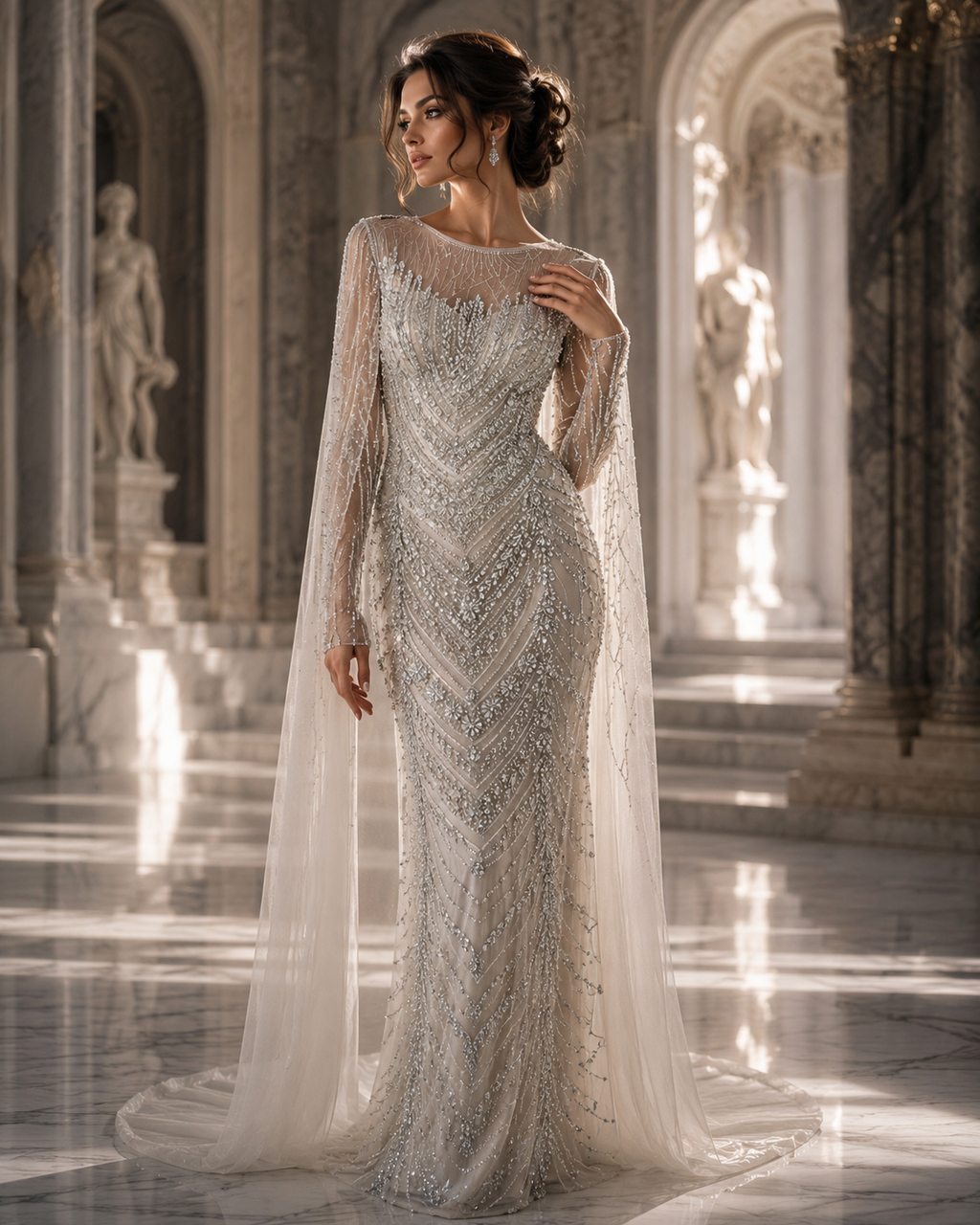 Celestial Veil Crystal Cape Couture Gown