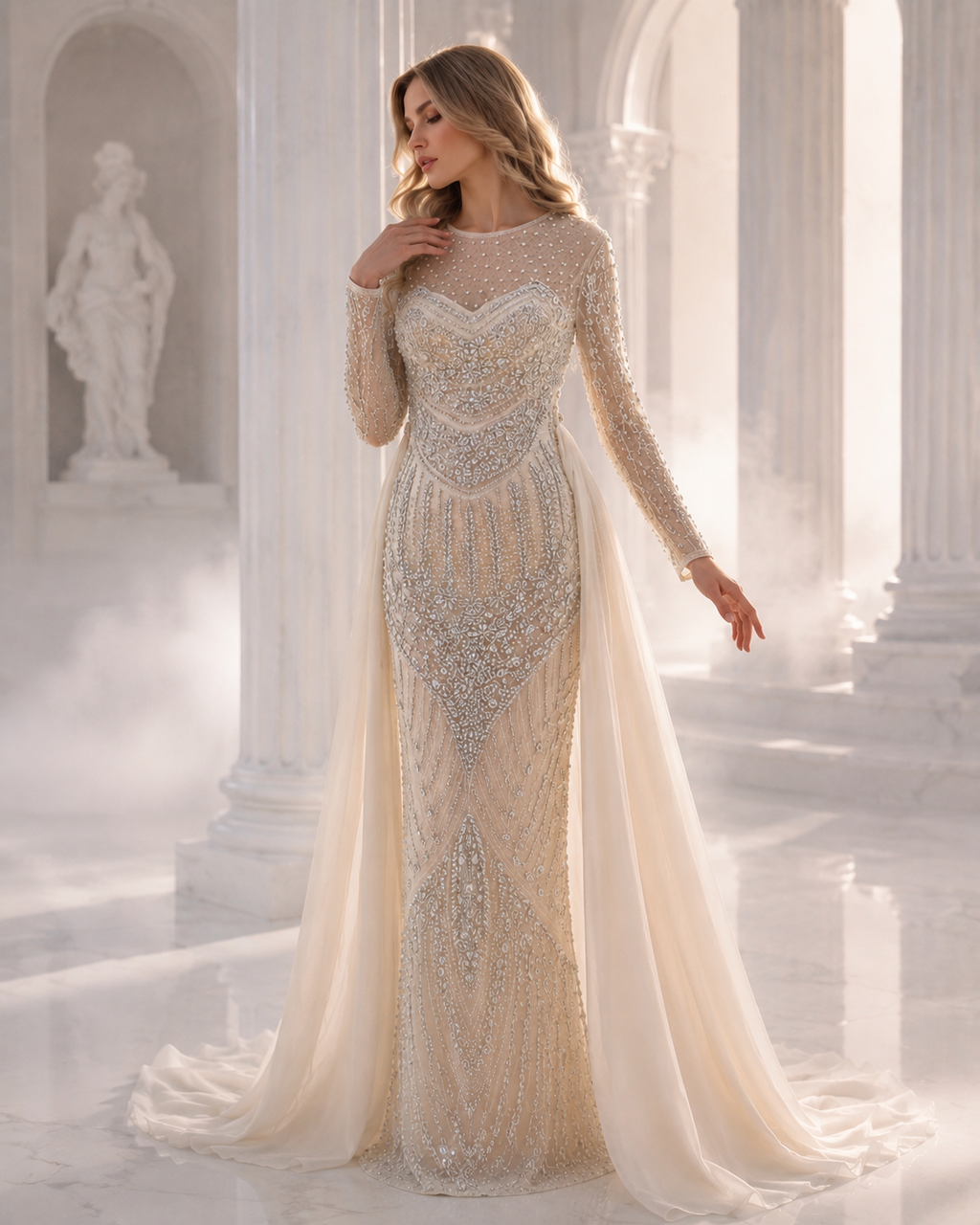 Ethereal Grace Crystal Cape Couture Gown