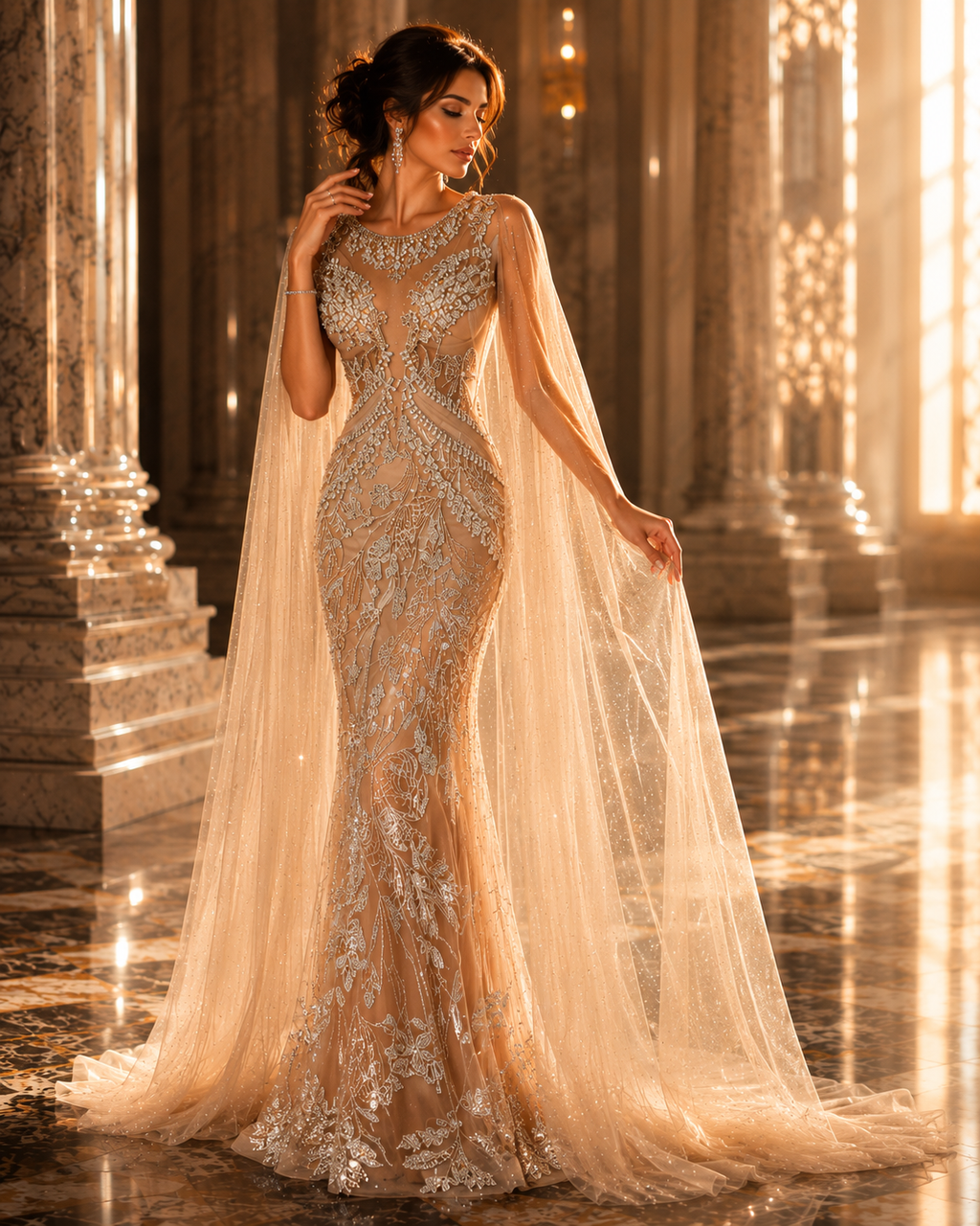 Imperial Pearl Crystal Cape Couture Gown