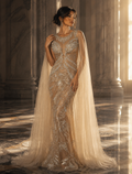 Imperial Pearl Crystal Cape Couture Gown