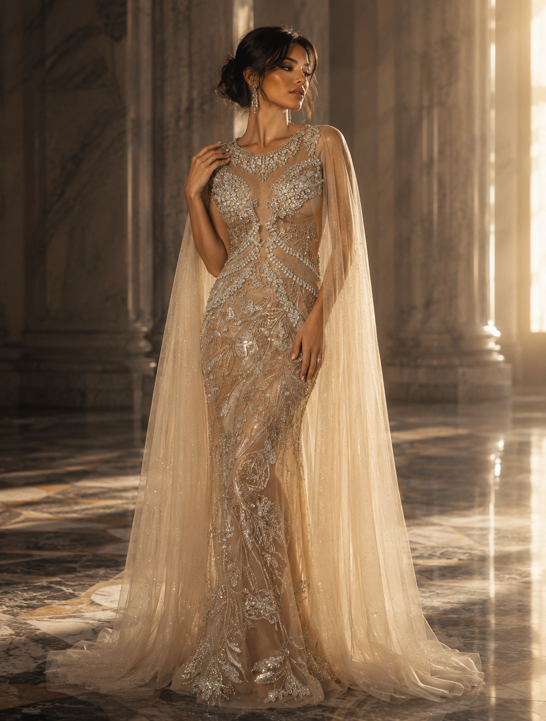 Imperial Pearl Crystal Cape Couture Gown