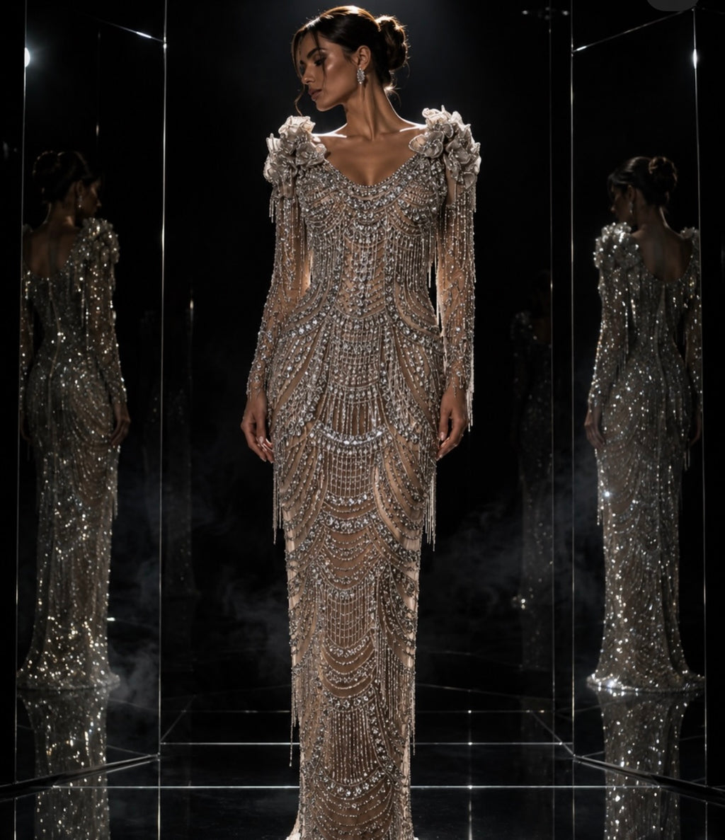 Royal Cascade Crystal Fringe Couture Gown