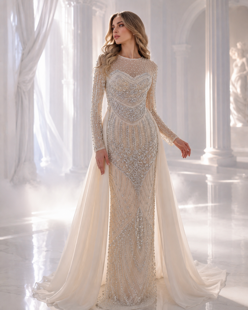Ethereal Grace Crystal Cape Couture Gown