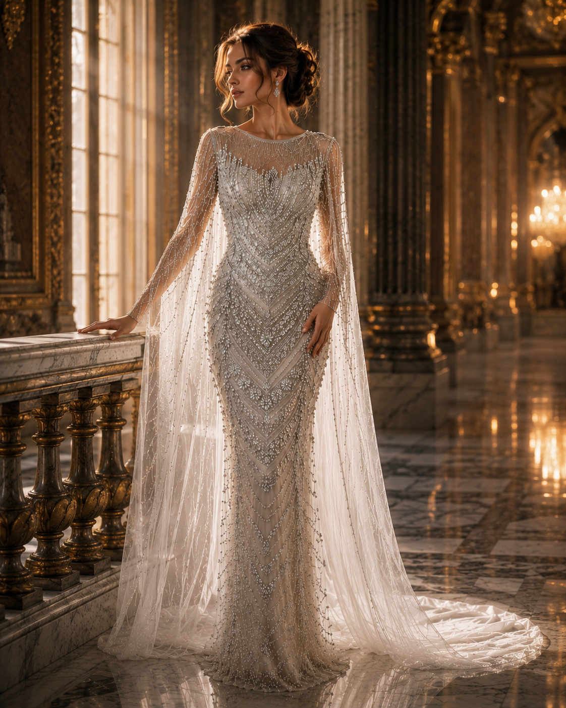 Celestial Veil Crystal Cape Couture Gown