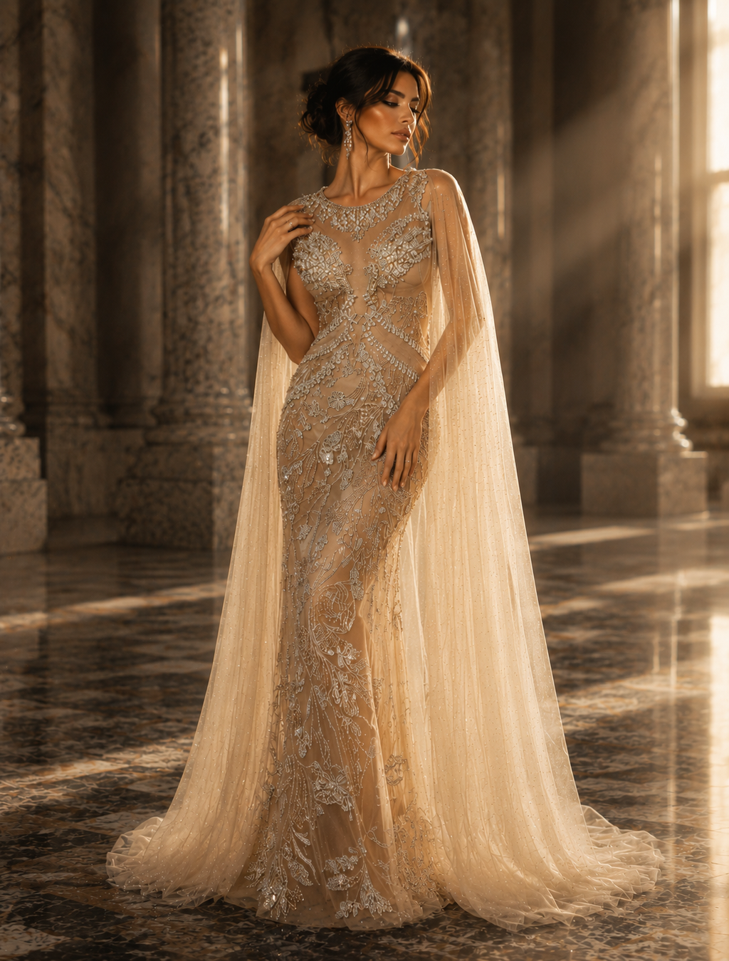 Imperial Pearl Crystal Cape Couture Gown