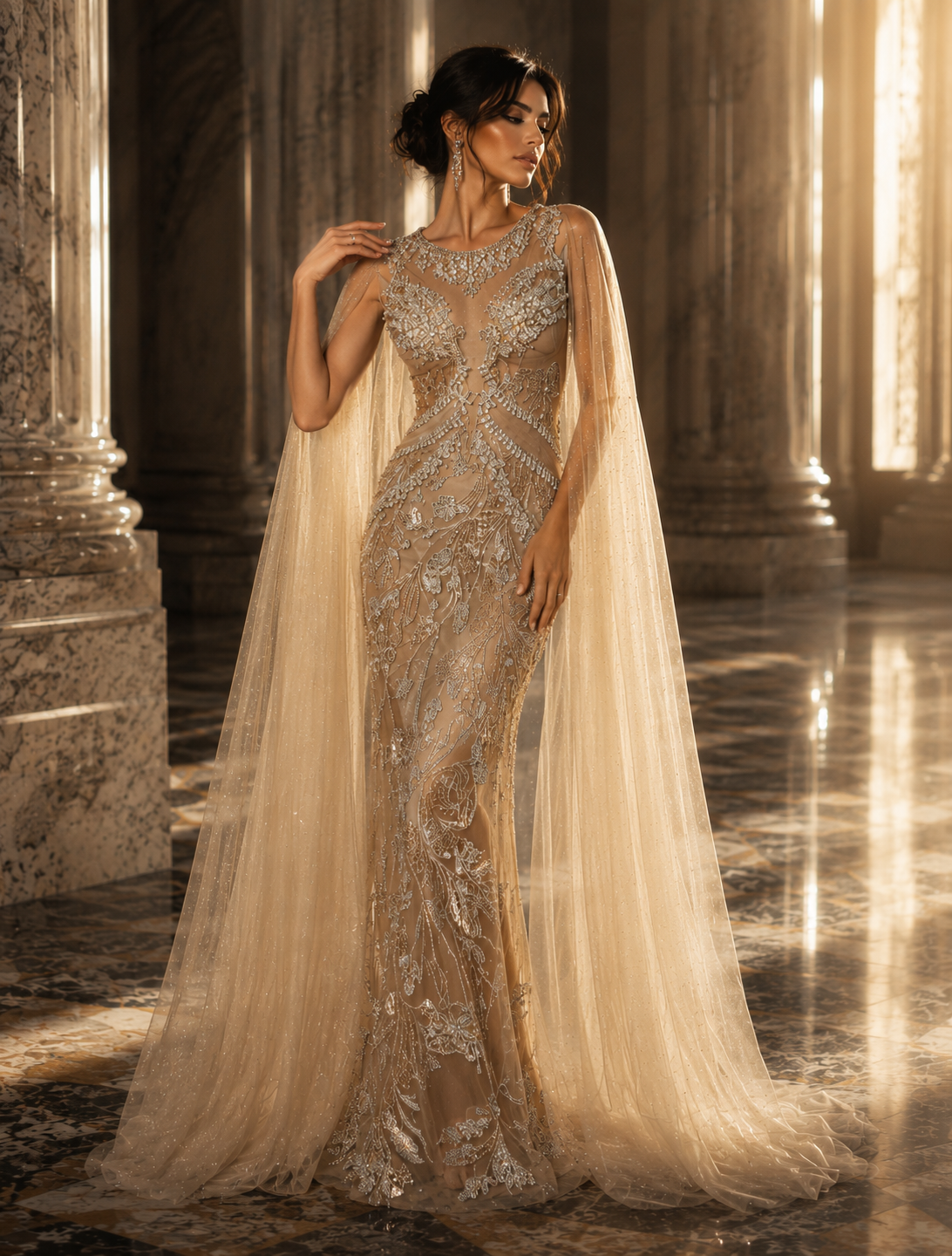 Imperial Pearl Crystal Cape Couture Gown