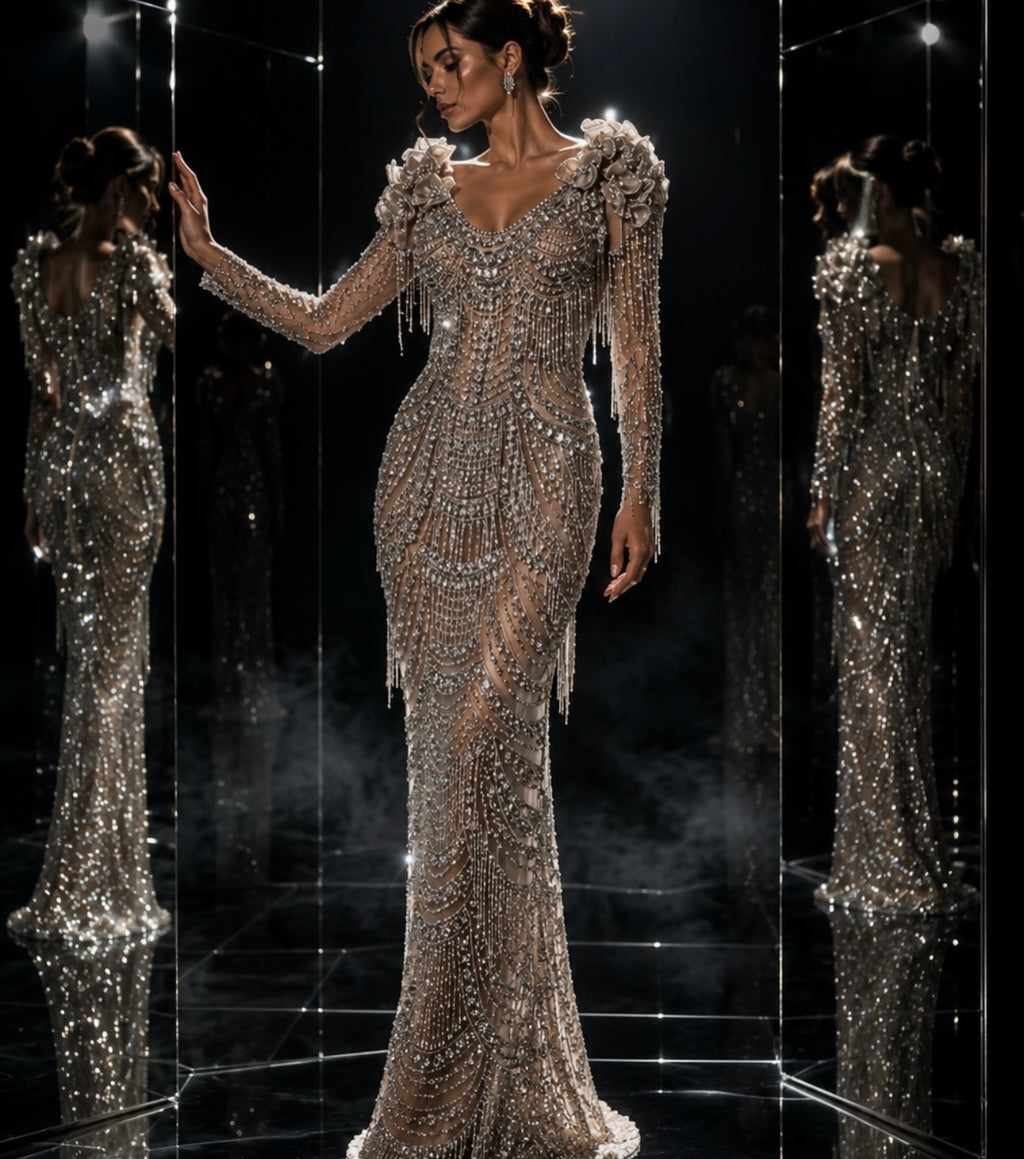 Royal Cascade Crystal Fringe Couture Gown
