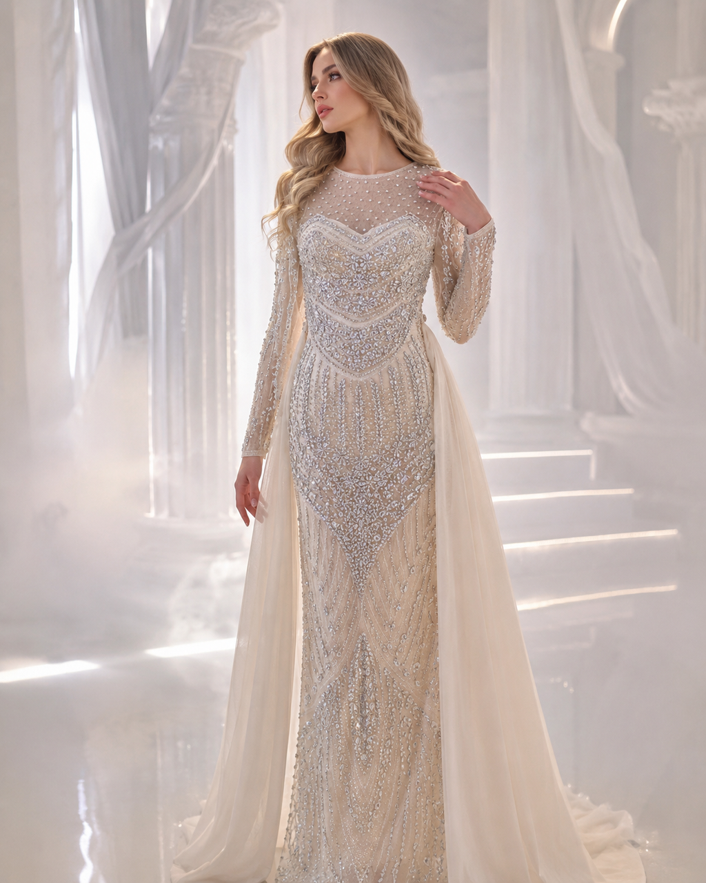 Ethereal Grace Crystal Cape Couture Gown