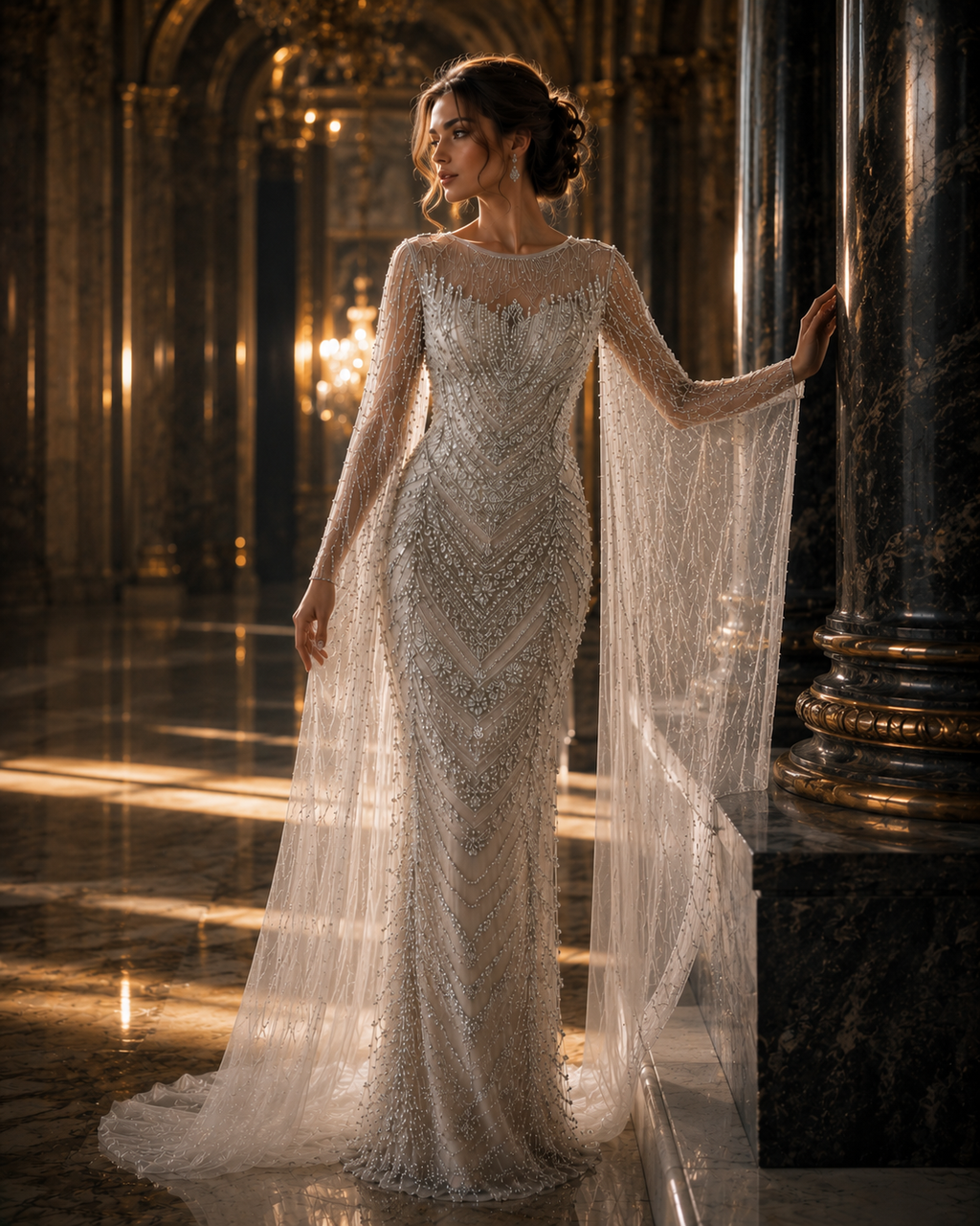 Celestial Veil Crystal Cape Couture Gown