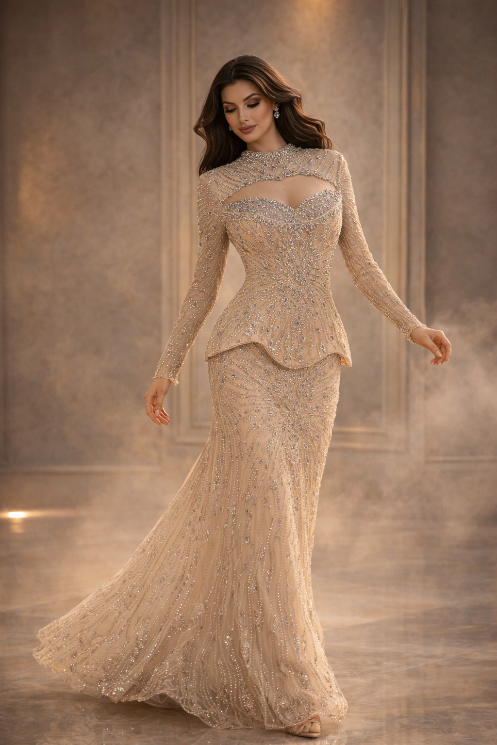 Champagne Crystal Structured Couture Gown