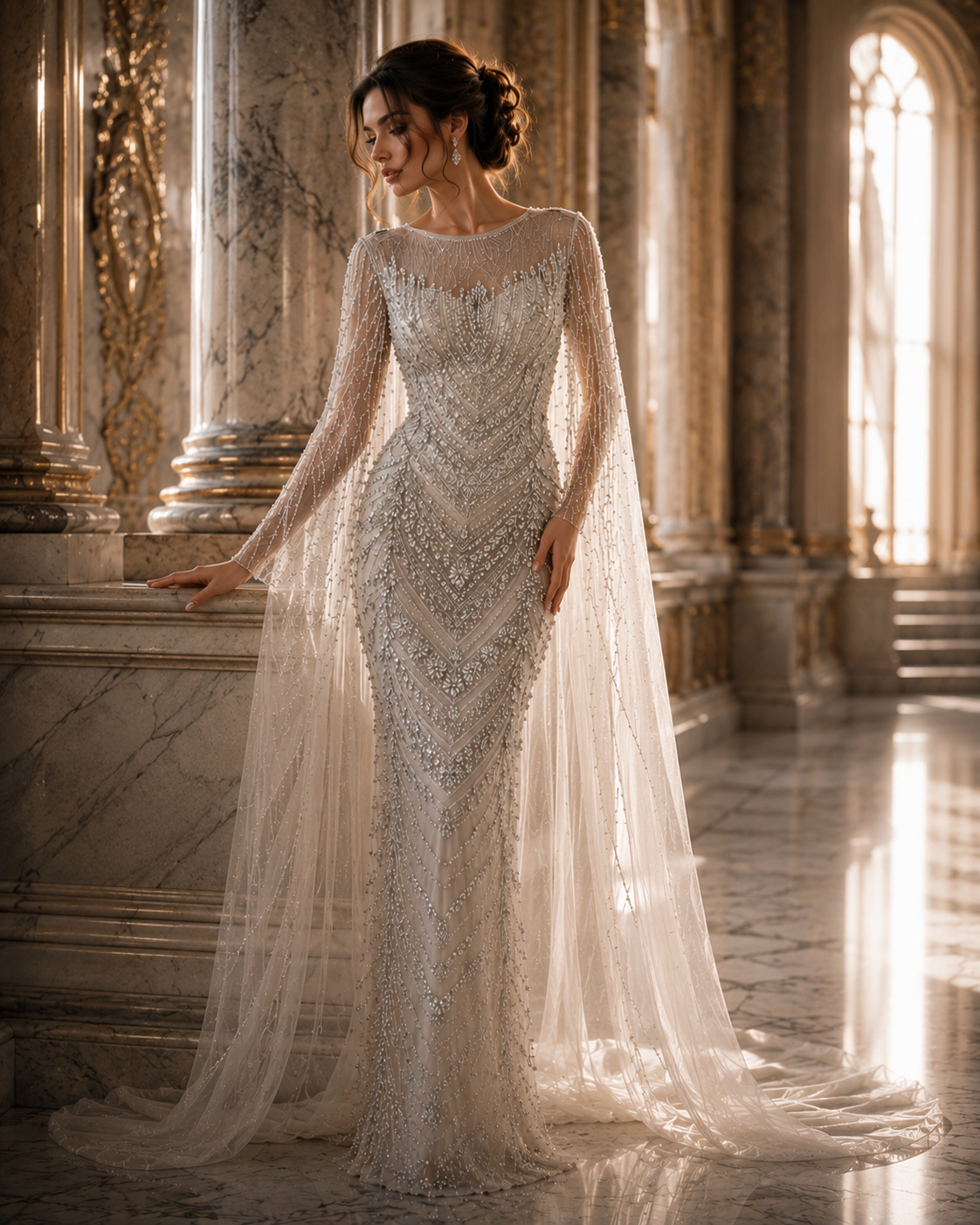 Celestial Veil Crystal Cape Couture Gown