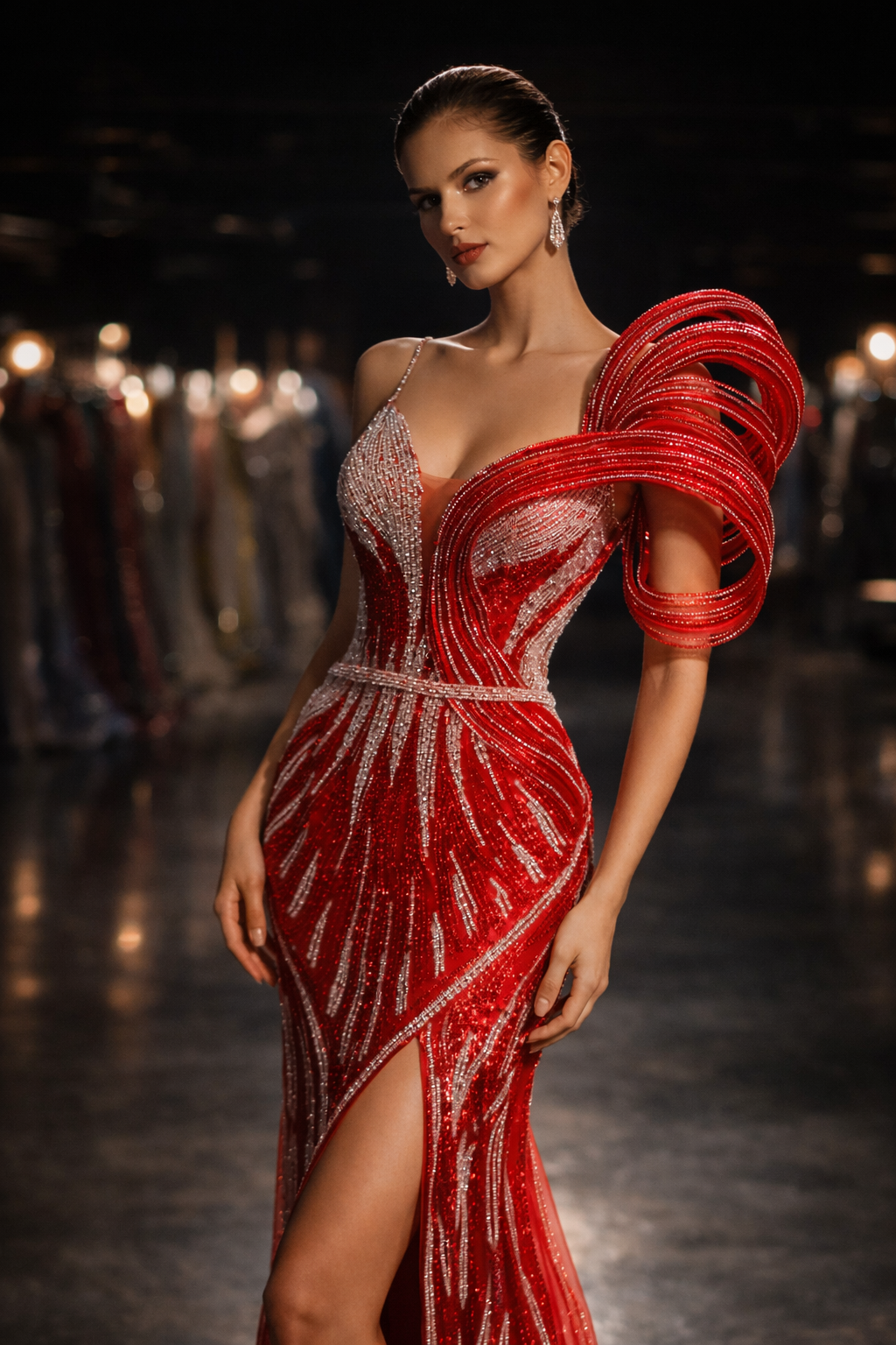 Crimson Sculpted Couture Gown